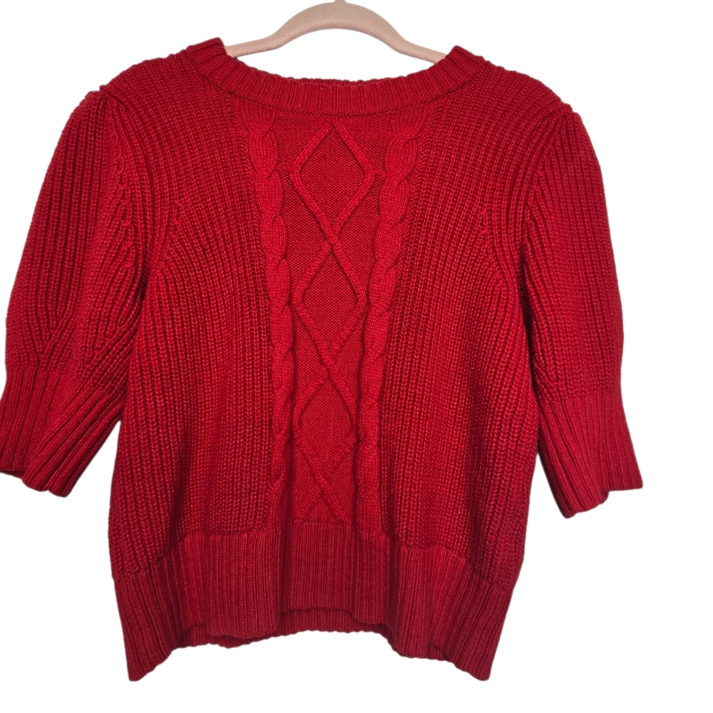 Gap Puff Sleeve Cable-Knit Crewneck Sweater in vibrant red. 